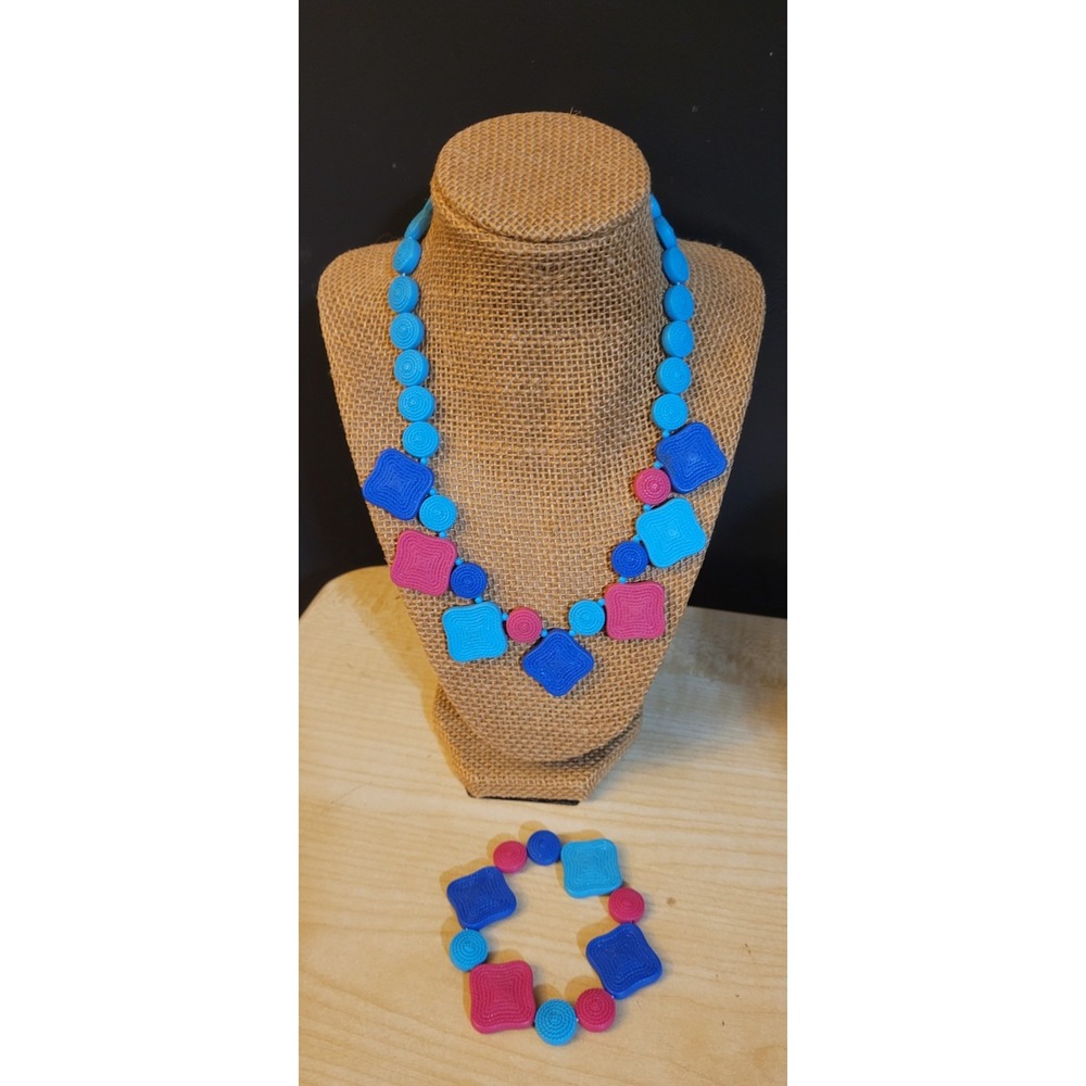 Vintage Blue Acrylic 1980s Geometric Collar Pink Wild Necklace and Bracelet  Set